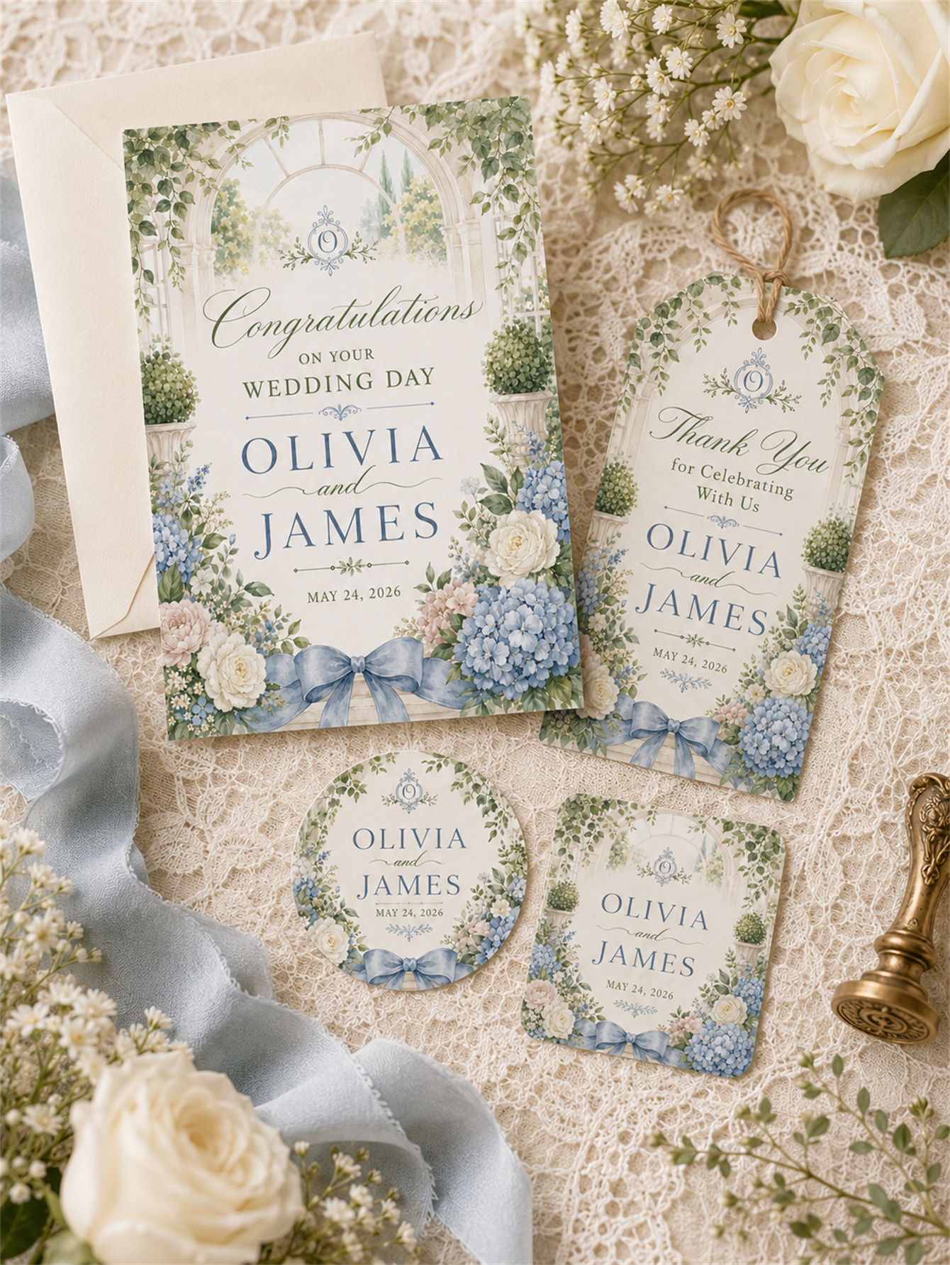 Gray-blue and romantic wedding decorations - garden arch design - custom names and dates